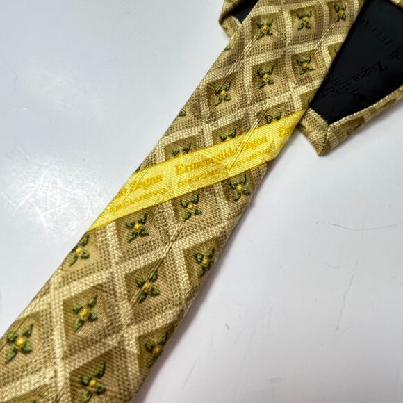 Ermenegildo Zegna Gold Diamond Olive Flower Pattern 100% Italian Silk Tie - Picture 9 of 11